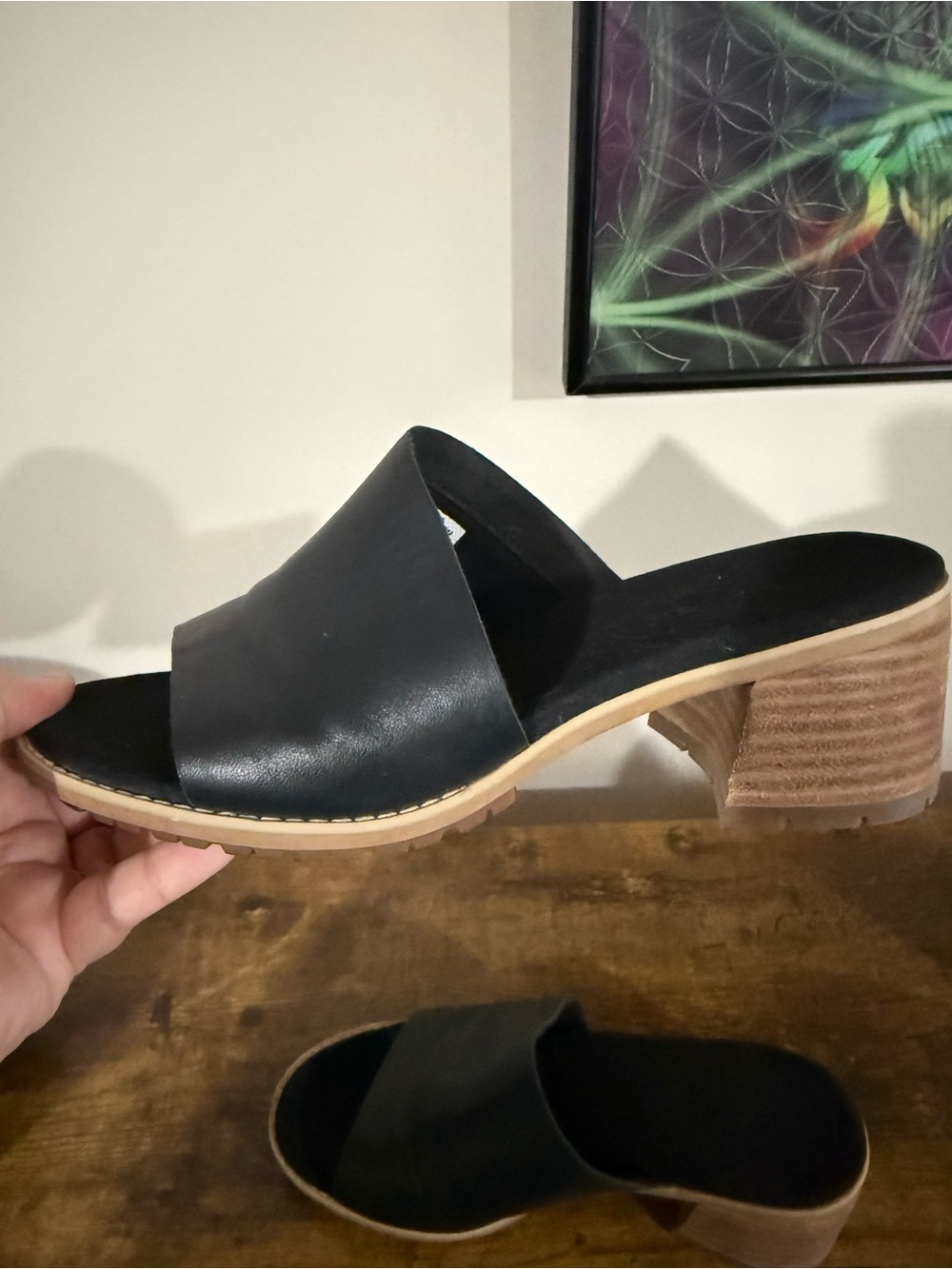 Timberland Black Leather Slide Sandals with Tan Wood Heel - Picture 7 of 10